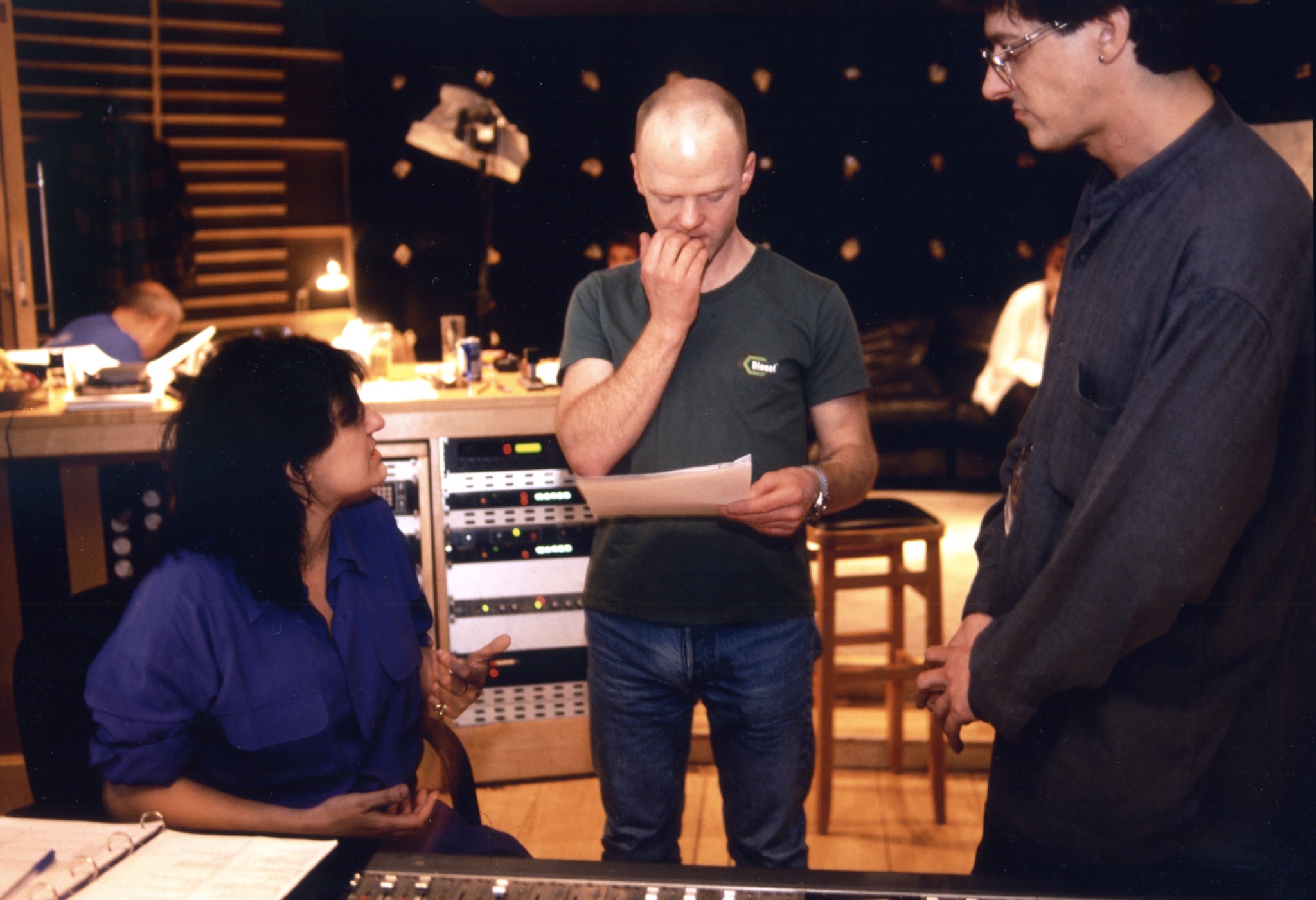 Sadia Sadia discussing a recording with musicians at Metropolis Studios in 1996